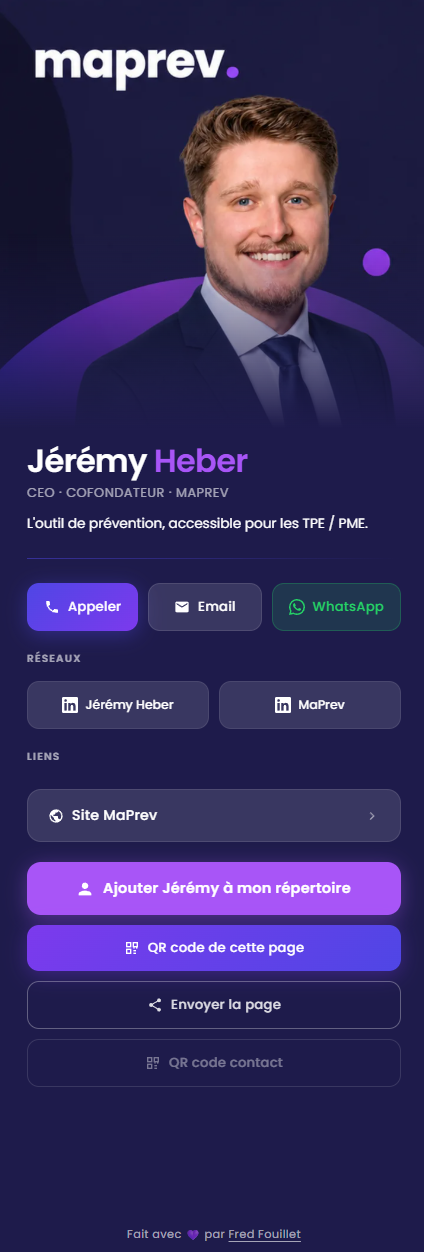 Carte de visite virtuelle sur mesure d'un dirigeant, thème violet avec boutons d'appel et WhatsApp