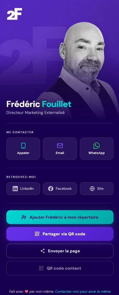 Carte de visite virtuelle de Frédéric Fouillet, thème violet avec photo et boutons de contact