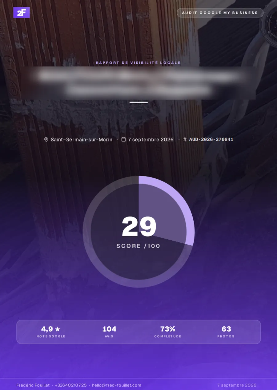 Rapport de visibilité locale : score Google My Business de 29/100, 104 avis et 63 photos