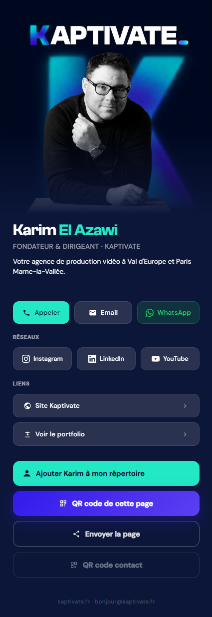 Carte de visite virtuelle sur mesure d'un dirigeant d'agence vidéo, thème sombre et accents turquoise