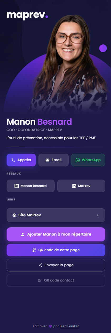 Carte de visite virtuelle sur mesure d'une cofondatrice, thème violet avec liens réseaux et QR code